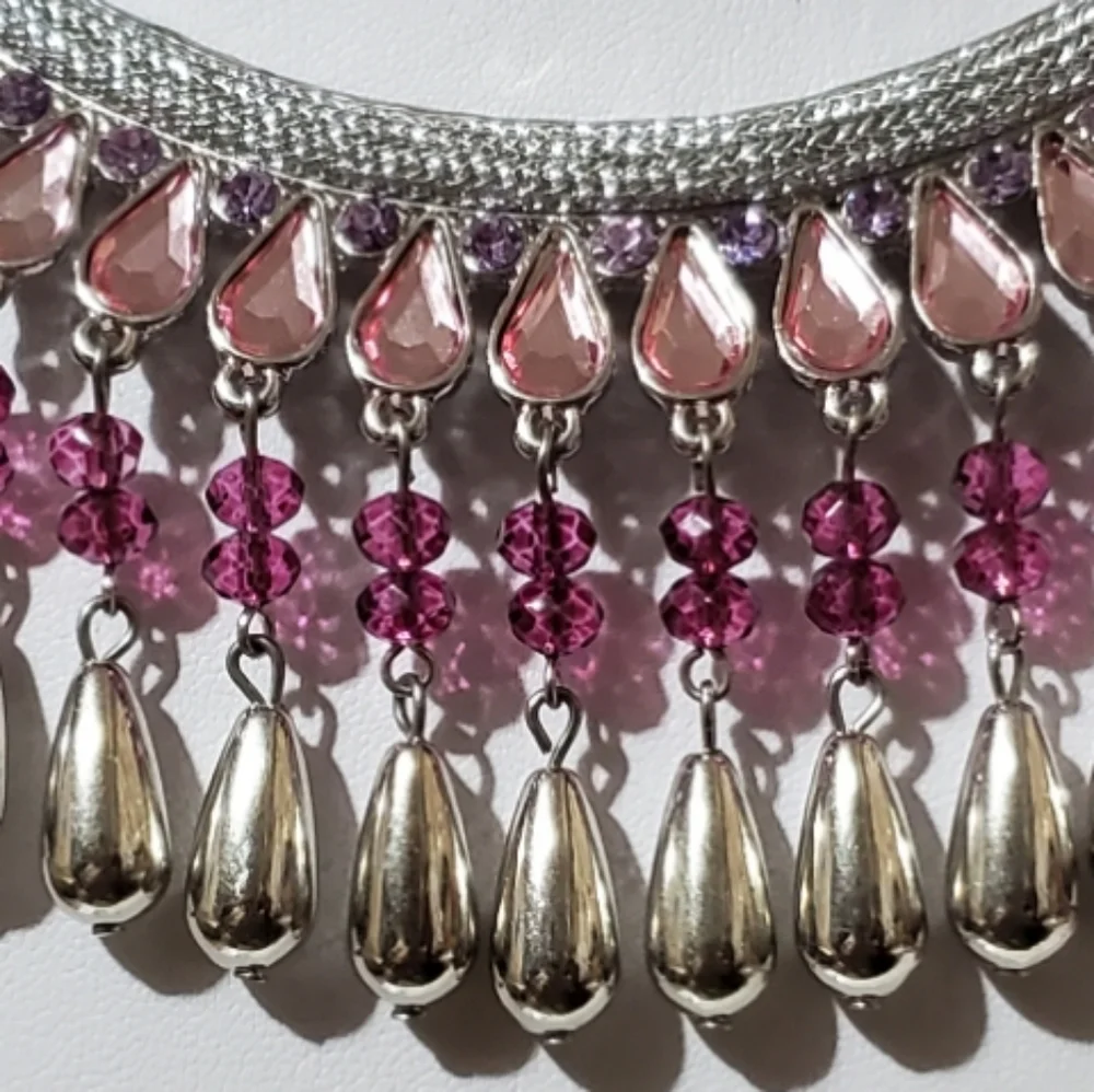 Big Bold Beautiful Pink Crystal Rhinestones Silver Teardrops Statement Necklace